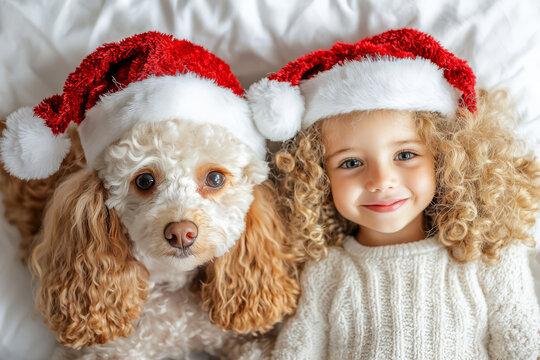 White poodle and curly girl in santa claus hat on white background