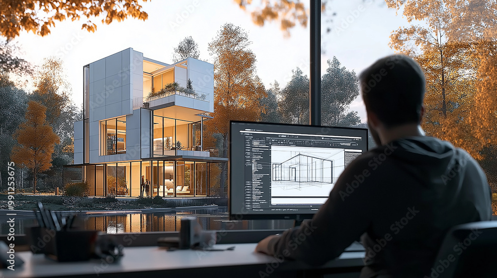 Aufkleber Architect working on modern house project using cad software on desktop computer in office with big window showing forest in background