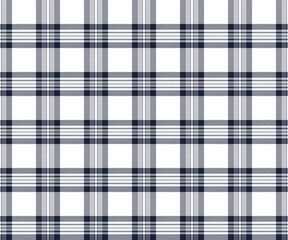 Plaid fabric pattern, white, navy, seamless for textile and design clothes skirt pants apron tablecloth blanket or decoration. Vector illustration.