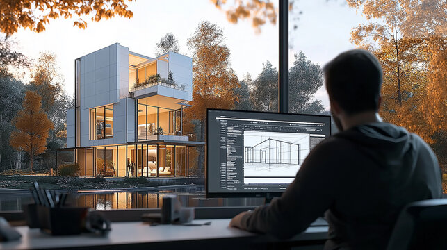 Architect working on modern house project using cad software on desktop computer in office with big window showing forest in background