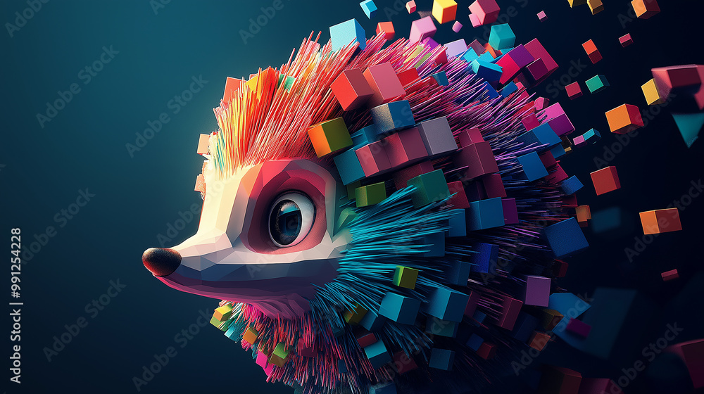 Poster colorful low poly hedgehog exploding into colorful cubes