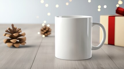 Blank Mug Displayed with Gift and Pine Cones