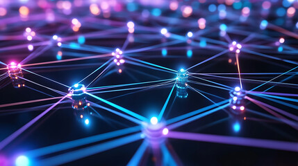 Fototapeta premium Virtual network of interconnected AI nodes glowing with blue and purple light