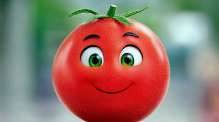 A happy tomato with green eyes and a big smile.