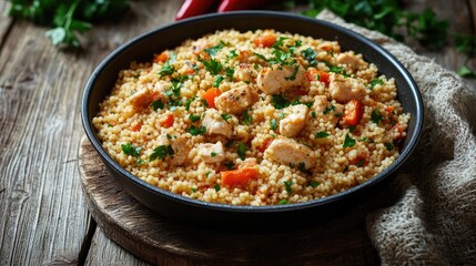 A close-up shot of a dish with couscous. This image can be used to represent a healthy and flavorful meal, perfect for a blog post about healthy eating or cooking recipes.