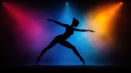 Naklejka premium Silhouette of Ballerina Dancer in Dramatic Stage Lighting