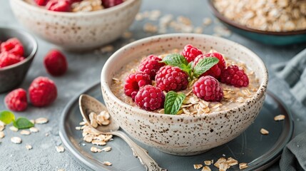 Breakfast cereal with milk yogurt and raspberry