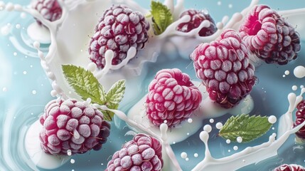 Fresh raspberry fruit with milk splash