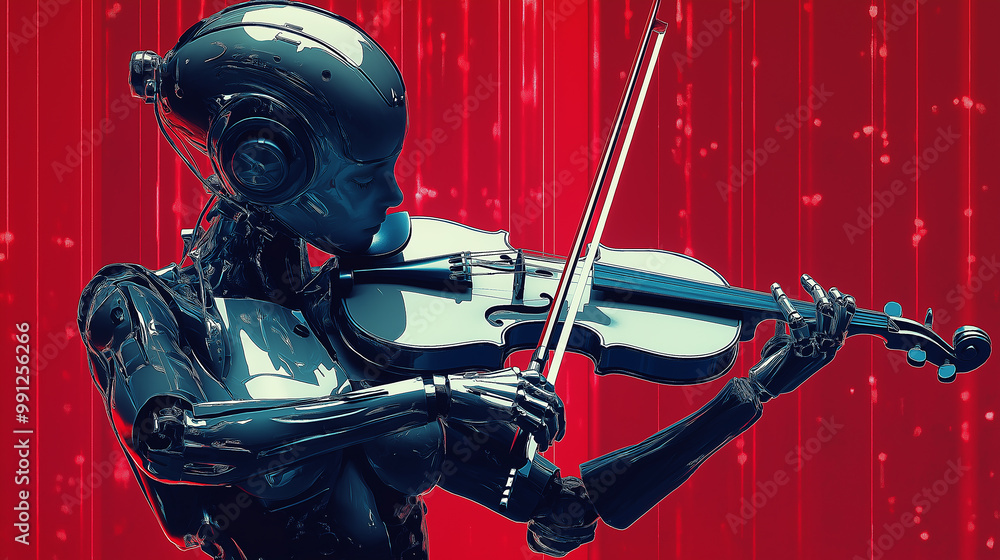 Aufkleber robot playing violin with red background and light streaks