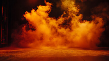 Stage filled with swirling red smoke, creating a dramatic and intense atmosphere