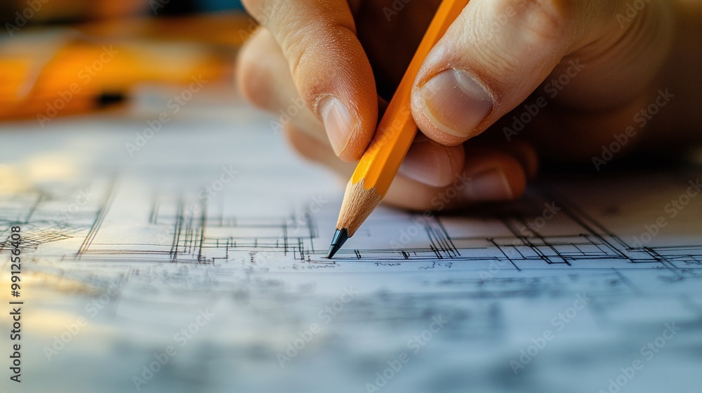 Poster close-up view of an architect sketching a blueprint with a pencil highlighting the technical details