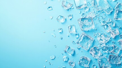 Blue background with a clear glass panel and ice cubes scattered on the side, evoking a sense of coolness and clarity