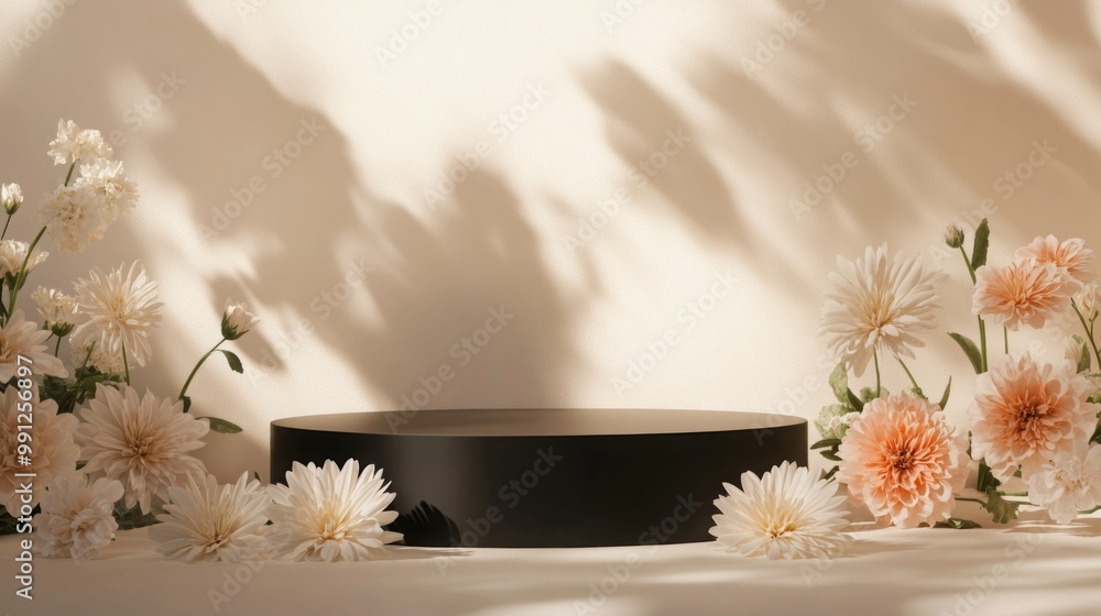 Aufkleber a serene setup showcases delicate pastel flowers arranged around a black circular platform, bathed i