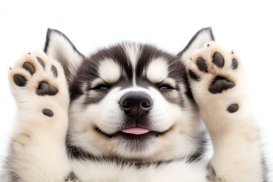 cute funny siberian husky puppy laying on his back with paws up isolated on white background; close-up to doggy with showing tongue face expression