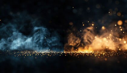 Fototapeta premium A stunning visual of contrasting smoke in blue and orange, enhanced with shimmering particles for a dynamic effect.