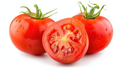 Three ripe tomatoes, captured in close-up, positioned on a white background, viewed from the side. This vibrant image emphasizes the natural freshness of organic vegetables.