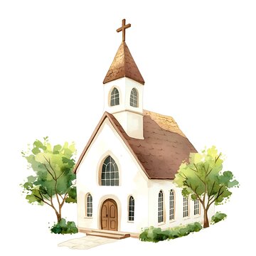 recommend clip art: Watercolor illustration of a small church with a cross on top.
