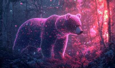 Obraz premium A glowing bear in a pink forest.