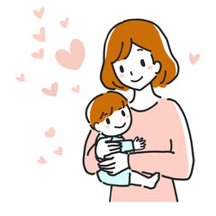 Line drawing illustration of a happy mother holding her infant with a smile.