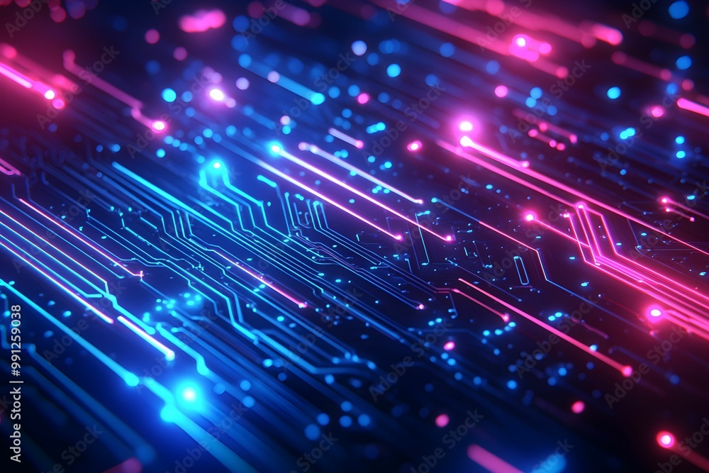 Poster abstract close-up of glowing circuit board patterns in vibrant colors