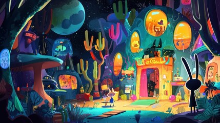 A cartoon adventure scene featuring quirky characters in a fantastical setting, filled with
