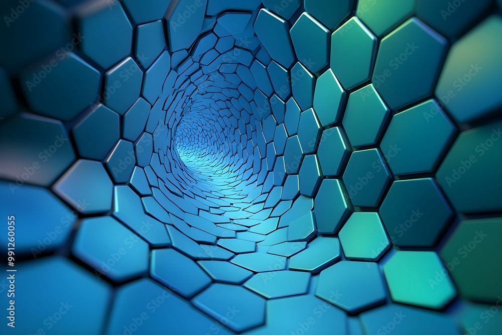 Poster exploring a blue hexagonal tunnel with a glowing futuristic vibe