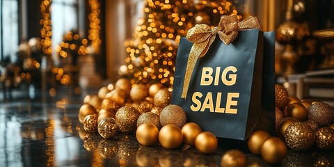 Black Friday, black and gold kraft shopping bag with inscription Big Sale on dark background. Black friday sale, discount, recycling, shopping and ecology concept. With copy space