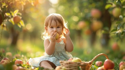Cute little girl with a basket of fresh apple in orchard lawn grass ground