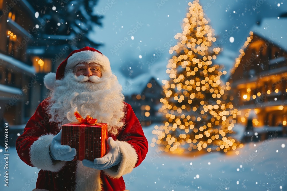 Poster a man dressed as santa claus is holding a red box in front of a christmas tree. the scene is set in 