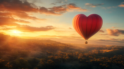 Obraz premium background with a heart-shaped hot air balloon floating over a scenic landscape during golden hour