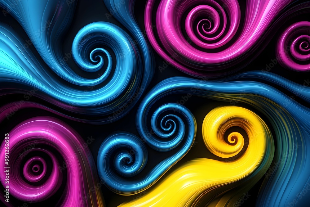 Poster colorful swirling patterns create a vibrant abstract design on black