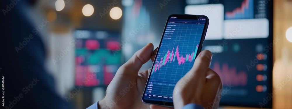 Aufkleber investor analyzing stock market trends on a smartphone while monitoring data on multiple screens in 