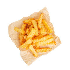 French fries ribbed on paper on empty background