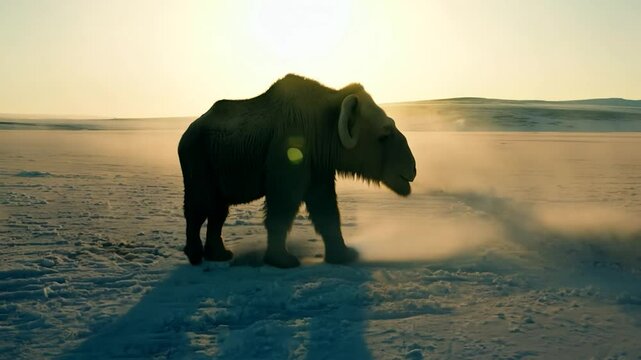 A massive mammoth wanders through a vast, snowy terrain, breathing clouds of frost into the frigid air as the sun sets on the horizon, creating a magical ambiance