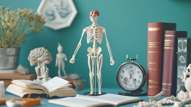 Charming background with an educational setup showing medical training materials, textbooks, and anatomical models