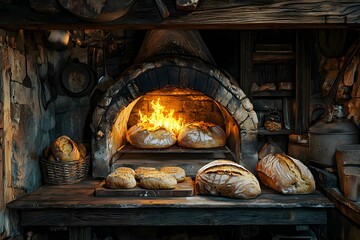 Freshly baked artisan bread cooling in a rustic wood-fired oven