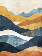 Abstract landscape artwork featuring warm tones of orange, blue, and cream, creating a serene and contemporary aesthetic.