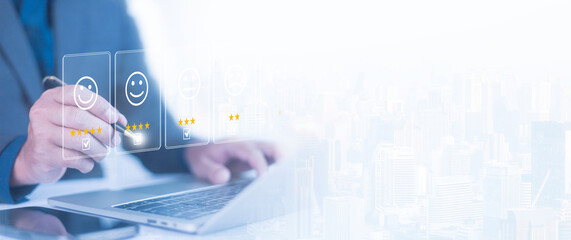 Businesspeople rate their satisfaction and praise the products and excellent service, customer care of employees. to express opinions and give 5 star ratings through the mobile app