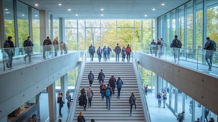 university students ascending a staircase inside a modern glass-walled building offering an elevated view of student movement and the architectural design of a contemporary campus