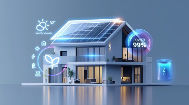 Futuristic smart home with cutting-edge rooftop solar panel system: Eco-friendly living and renewable energy technology in modern sustainable architecture.