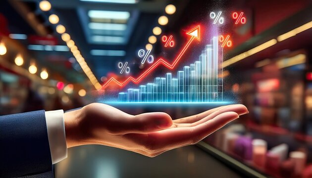 A hand-held graph displaying the tax concept, department store shopping discount, and percentage.