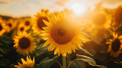 Obraz premium Close-up of sunflowers in full bloom, reaching toward the sun in a summer field
