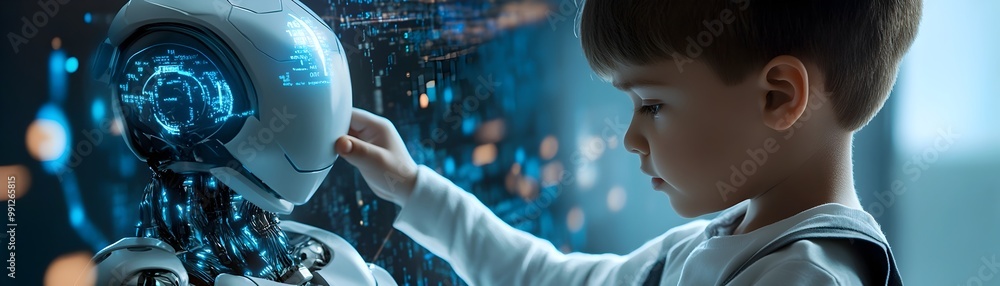 Poster child hands on coding lesson with robot future of education technology