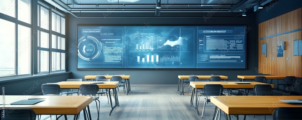 Poster modern ai powered classroom with transparent data visualization screens