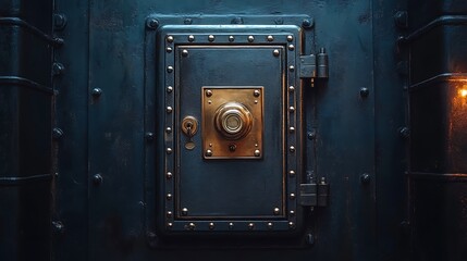 A close-up of a dark metal vault door with a brass handle and a keyhole.
