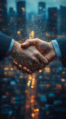 Two hands shake against a city skyline, a glowing network connecting them.