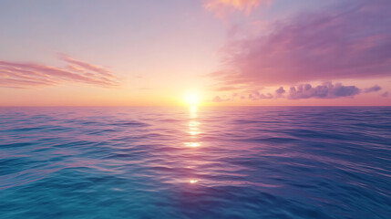 Fototapeta premium A ocean with crystalline waters and an endless horizon, illuminated by a colourful sunset