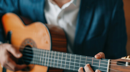 Fototapeta premium Businessman absorbed in music, showcasing artistic passion and creativity, ideal for promotional content highlighting the blend of professionalism and personal interests