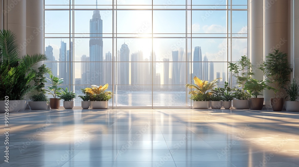 Poster sunlit office lobby with cityscape views and modern architecture creating a bright and open corporat