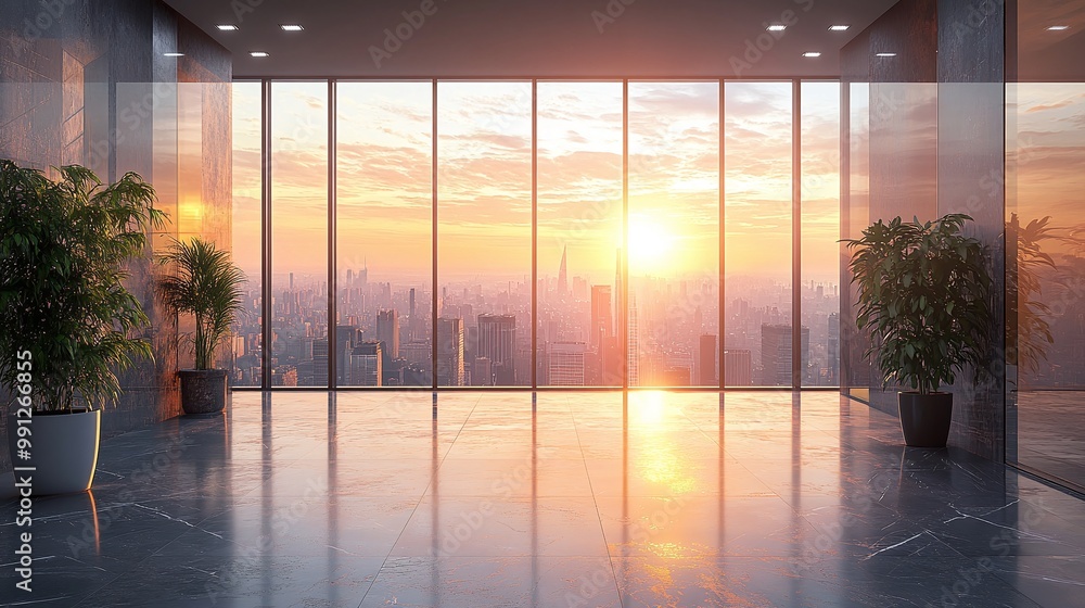 Poster sunlit office lobby with cityscape views and modern architecture creating a bright and open corporat